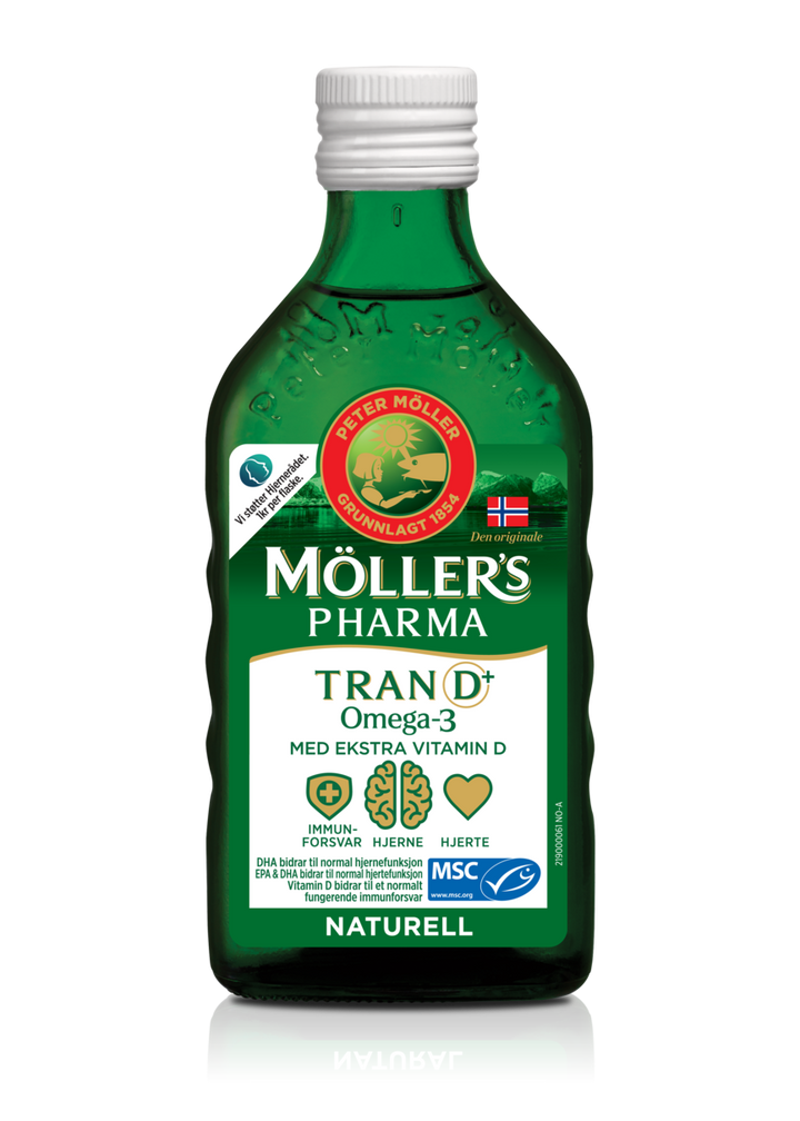 Møllers Pharma tran med D-vitamin naturell smak 250ml - Apoteket Elgen